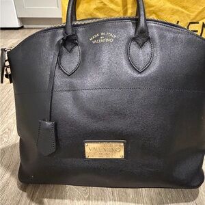 Valentino Black Leather Satchel with Gold Accents